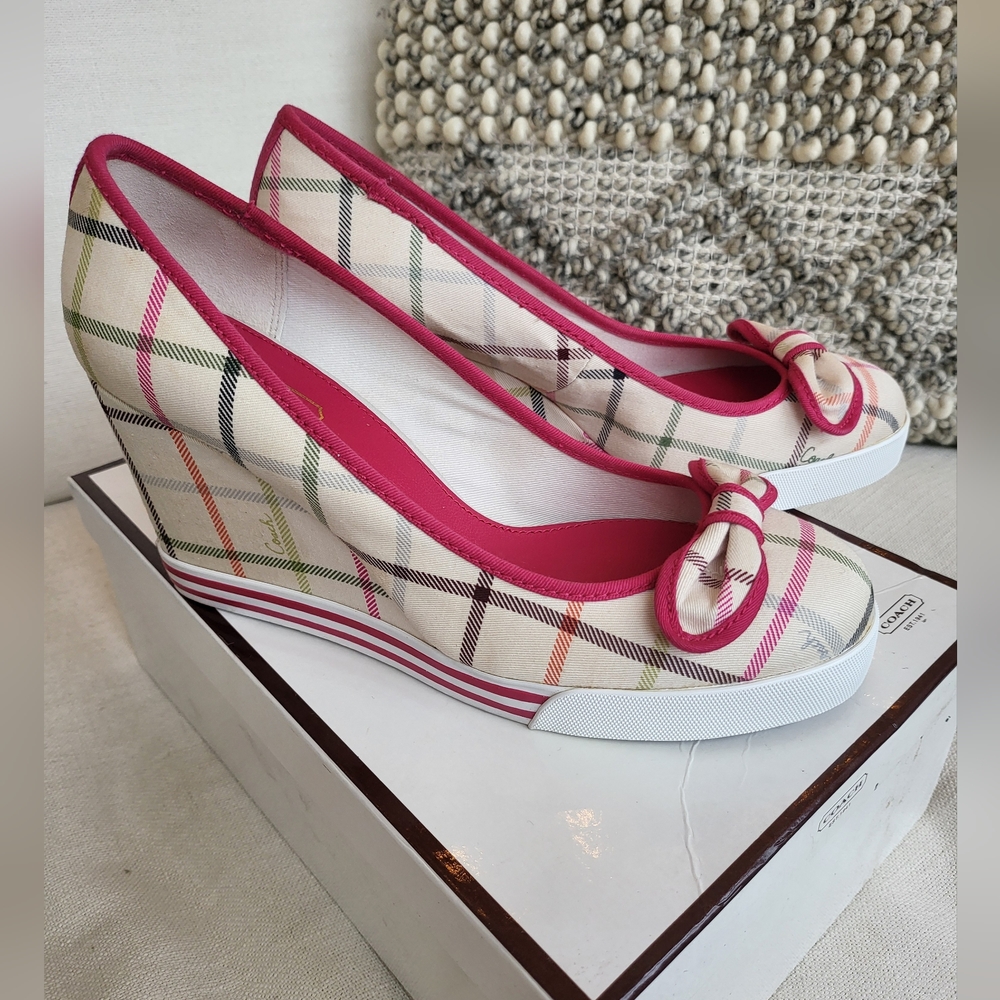COACH Women’s Plaid Bow Platform Wedges in Pink - Picture 2 of 5